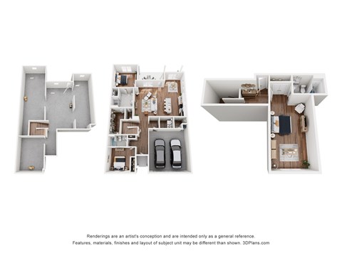A 3D floor plan of a house with three different views.